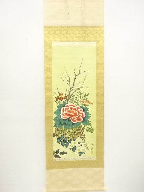 翠芳筆　四季花図　肉筆絹本掛軸